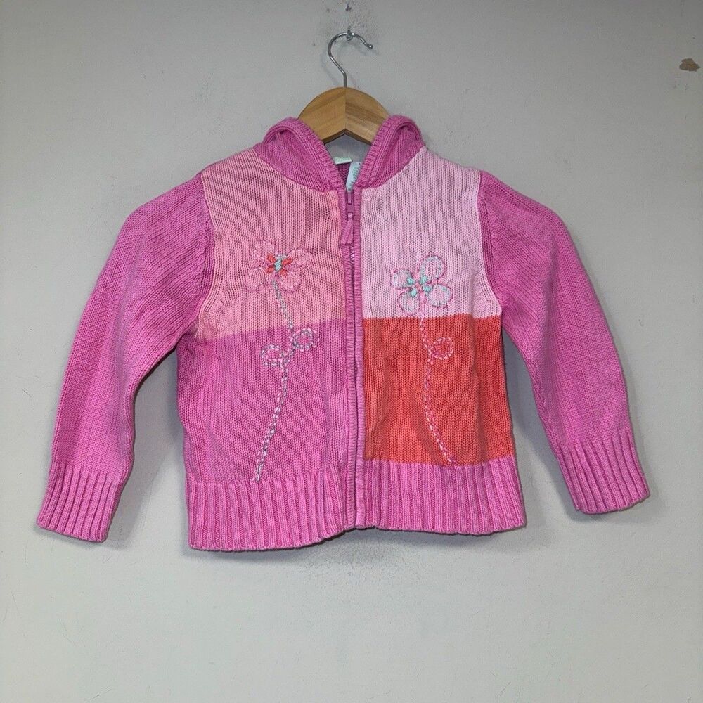 Pink Sweater Jacket Girls 3T Hooded Floral Embroidery Knit Colorblock Fall Cozy